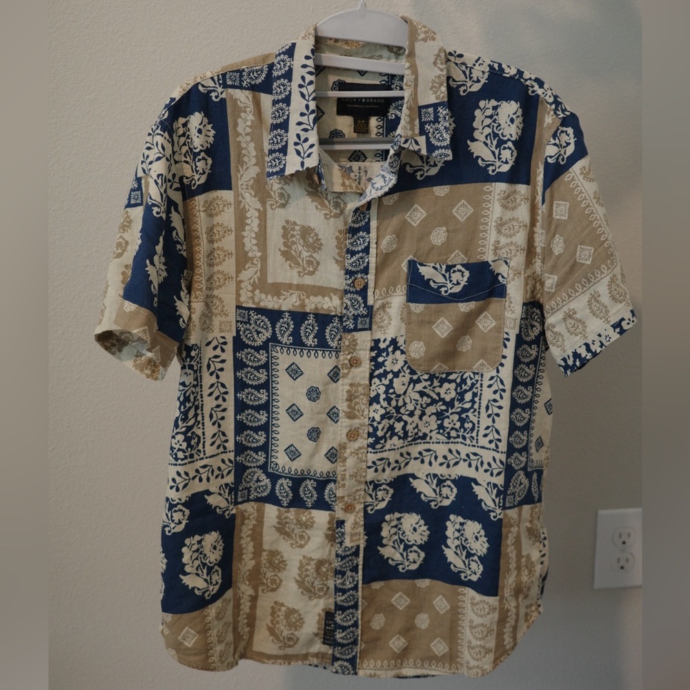Lucky Brand Patchwork Blue Tan Men's Shirt